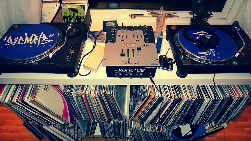 Vinyl records on a set of DJ decks