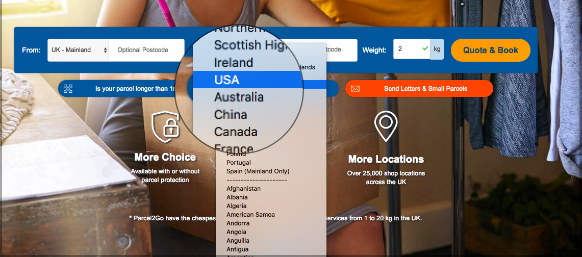 A close up of the quotes tool showing users how to select a country to send to