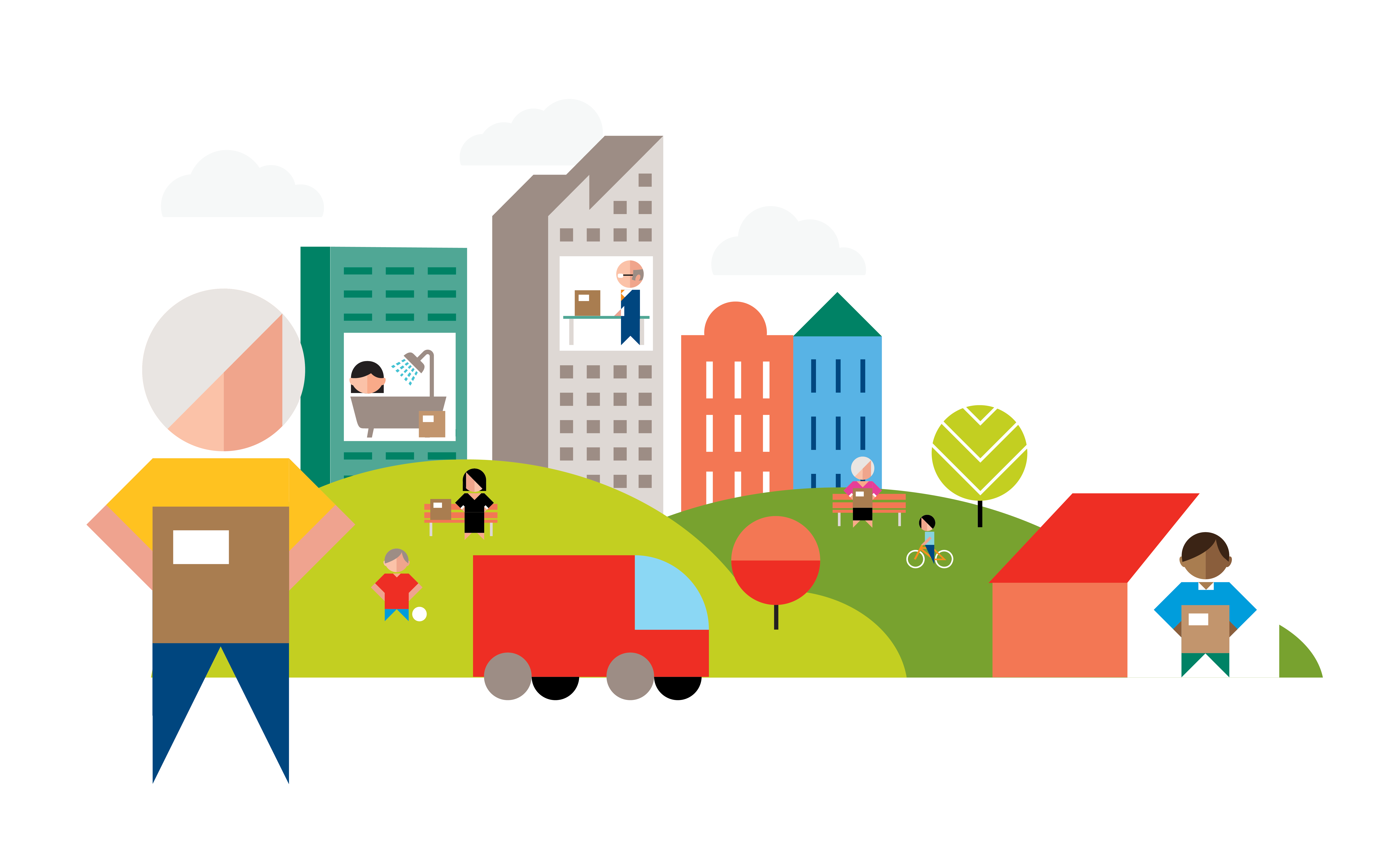 Cityscape with residents holding parcels